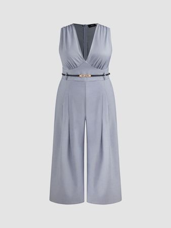 Woven V-neck Solid Pleated Jumpsuit With Belt Curve & Plus - Cider