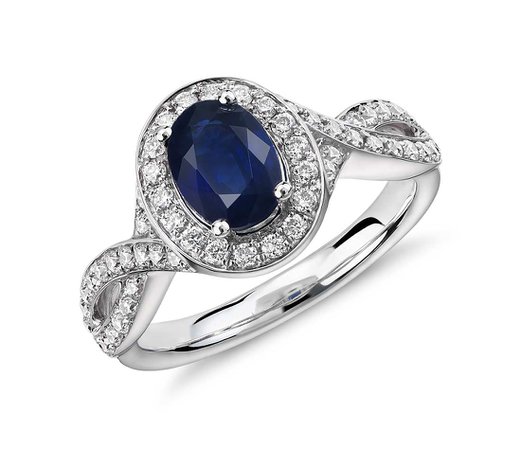 Oval Sapphire and Diamond Halo Twist Ring in 14k White Gold | Blue Nile