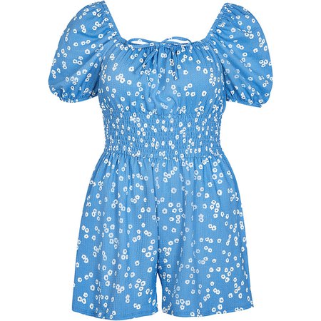 Blue floral puff sleeve playsuit | River Island