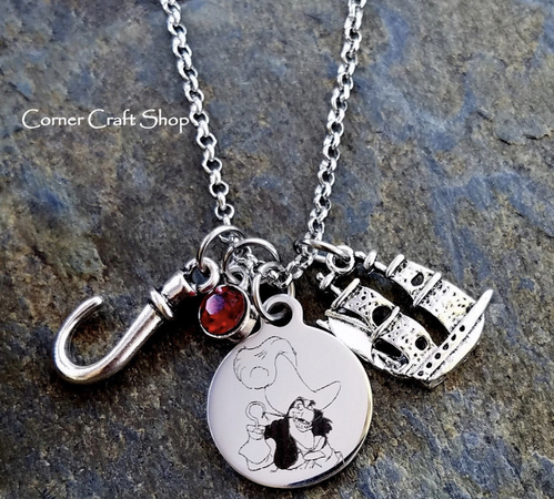 Captain Hook Peter Pan Villain Charm Necklace Pirate Ship Red Gem charm option to personalize.. by cornercraftshop on Etsy