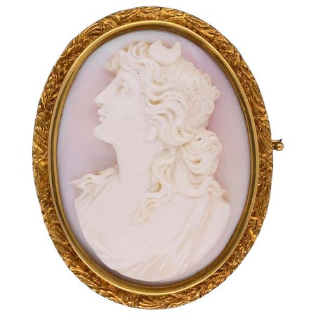 Hand Carved Pink Coral Cameo Gold Brooch