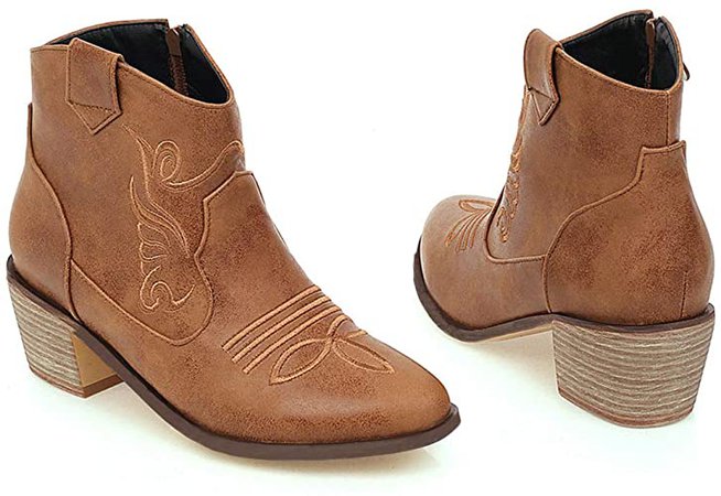 Amazon.com | Parisuit Women's Chunky Mid Heel Cowgirl Booties Embroidery Western Ankle Boots with Side Zipper-Blue Size 4 | Ankle & Bootie