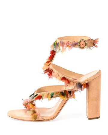 Chloe Suede Sandal with Colorful Fringe, Reef Shell
