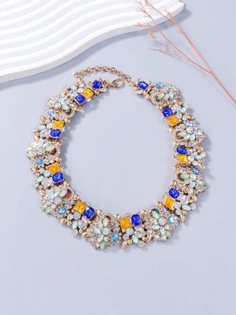 1pc Icy Colorful Imitation Crystal Bib Necklace, Zinc Alloy Choker Jewelry For Personalized Party Decoration | SHEIN