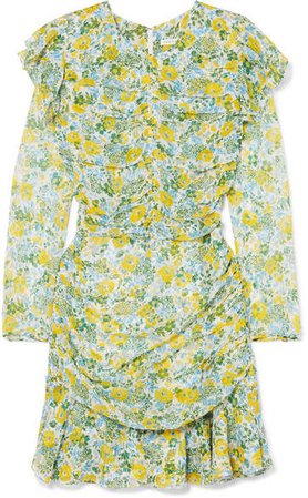 Ruched Floral-print Silk-chiffon Mini Dress - Yellow