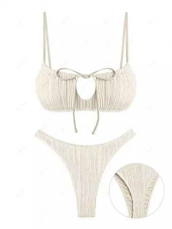 ZAFUL Women's Textured Drawstring Cut Out Tie Thong Bikini Set Two Piece Swimwear In LIGHT COFFEE | ZAFUL 2024