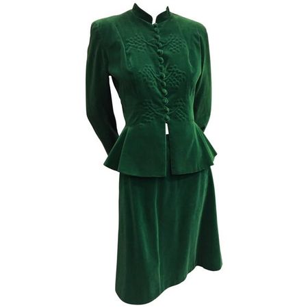 1940s Emerald Green Velvet Peplum Suit with Floral Trapunto