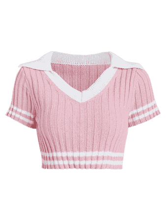 [63% OFF] 2019 Cropped V Neck Knit Top In LIGHT PINK M | ZAFUL