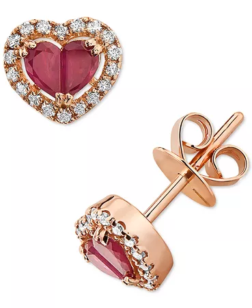 EFFY Collection EFFY® Ruby (7/8 ct. t.w.) & Diamond (1/4 ct. t.w.) Heart Halo Stud Earrings 14k Rose Gold