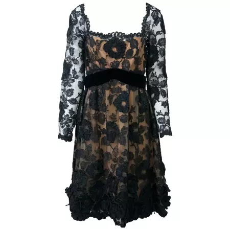 Black Lace Over Nude Dress, 1960s For Sale at 1stDibs | black lace nude dress, nude black lace dress