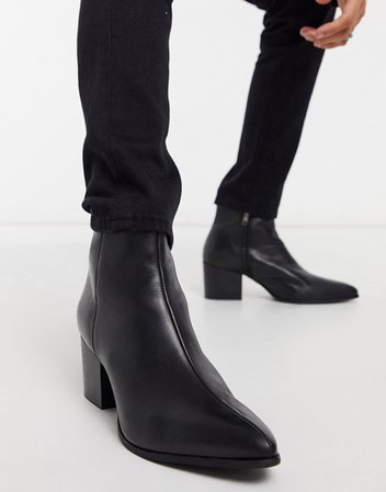 ASOS DESIGN heeled chelsea boots with pointed toe in black leather with black sole | ASOS