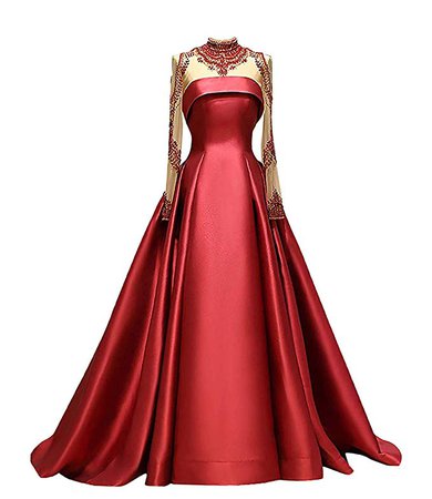 M Bridal Women's Crystals Beaded High Neck Long Sleeve Prom Dresses Satin A-line Formal Evening Gowns Red US14 at Amazon Women’s Clothing store