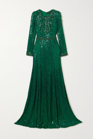 Forest green Tenille embellished satin gown | Jenny Packham | NET-A-PORTER