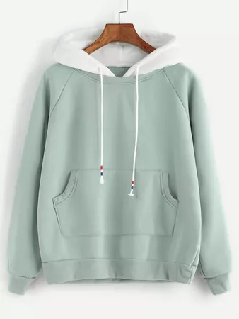 Pale Green Raglan Sleeve Pocket Sweatshirt With Contrast Hood | SHEIN USA
