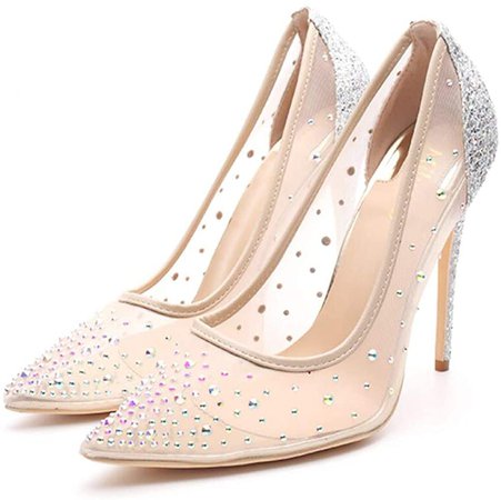 Amazon.com | Miluoro Rhinestone Pointed Toe Silver High Heels Women Pumps Transparent Party Wedding Shoes (6, Silver 3.94inches) | Pumps