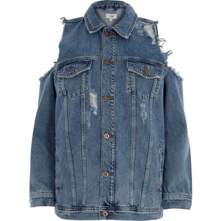 Blue frayed cold shoulder denim jacket - Coats & Jackets - Sale - women