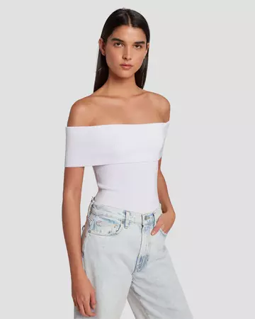 Off The Shoulder Ribbed Top in Bright White | 7 For All Mankind