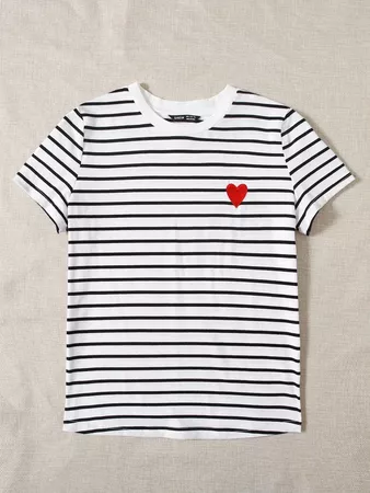 Heart Embroidery Striped Tee | SHEIN USA white