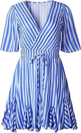 PRETTYGARDEN Women's Summer Deep V Neck Short Sleeve Striped Wrap Ruffle Hem Pleated Mini Dress at Amazon Women’s Clothing store