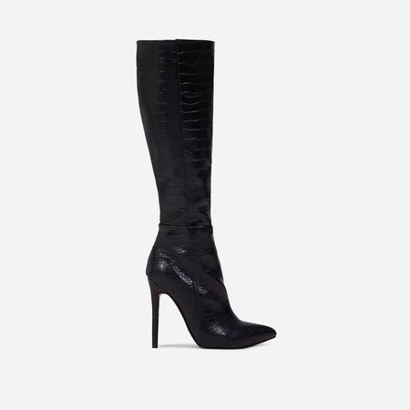 Rose Knee High Long Boot In Black Croc Print Faux Leather | EGO