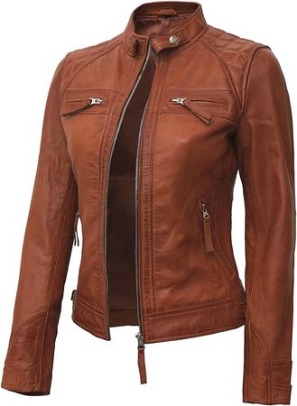 Decrum Brown Leather Biker Jacket Womens | [1313731] Brown Diamond 1, XS at Amazon Women's Coats Shop
