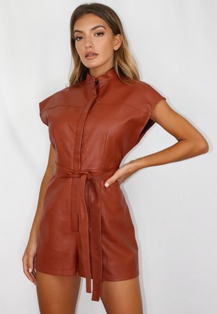 Rust Faux Leather Utility Romper | Missguided