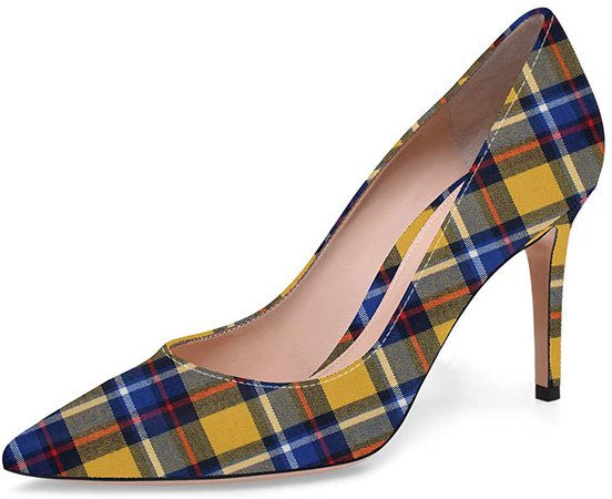 Amazon.com | MOCORALS Plaid Comfortable Stiletto High Heels for Women Ladies Closed Toe Slip on Pumps Fashion Dress Shoes Size 9.5 | Pumps