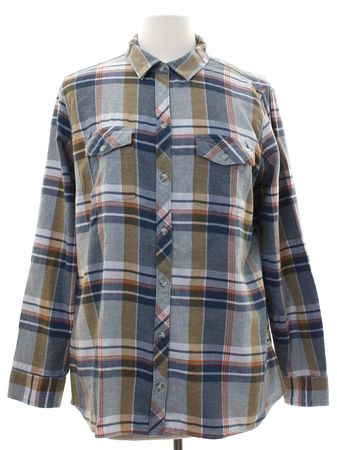 Shirt: 90s -Eddie Bauer- Womens dusty blue, tan brown, light gray, and orange plaid cotton button cuff longsleeve button up front flannel shirt. Fold over collar, two flap pockets with button closure and shirttails hemline.