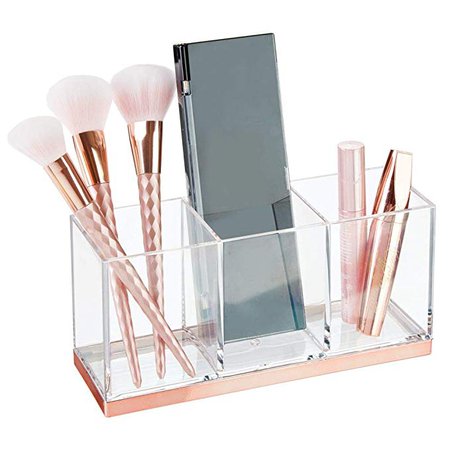 Amazon.com: mDesign Plastic Makeup Organizer Caddy Bin with 3 Sections for Bathroom Vanity Countertops or Cabinet: Stores Makeup Brushes, Eye and Lip Pencils, Lipstick, Lip Gloss, Concealers - Clear/Rose Gold: Home & Kitchen