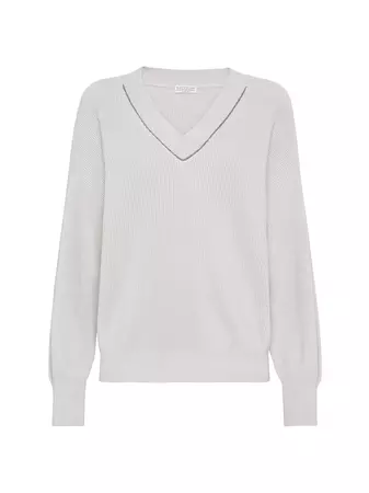 Shop Brunello Cucinelli Cotton English Rib Sweater With Shiny Neckline | Saks Fifth Avenue