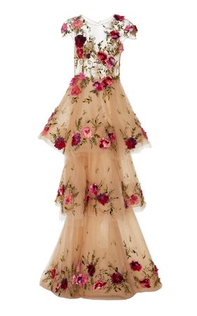 Floral-Appliquéd Tiered Tulle Gown by Marchesa | Moda Operandi
