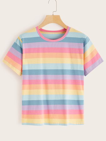 Rainbow Striped Short Sleeve Tee | SHEIN UK