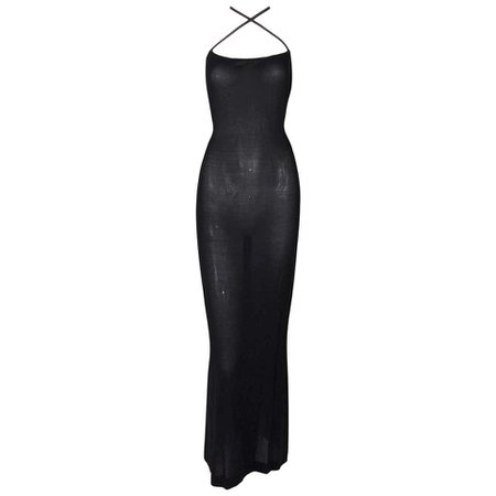 1998 Gucci by Tom Ford Sheer Black Slinky Plunging Cross Strap Gown Dress For Sale at 1stdibs