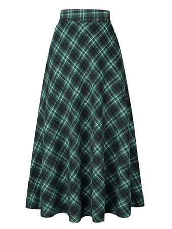 Women's High Elastic Waist Maxi Skirt A-line Plaid Winter Warm Flare Long Skirt Green S at Amazon Women’s Clothing store