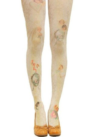 cherub patterned women's tights with yellow flats
