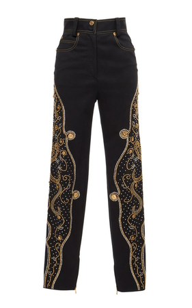 black jeans with gold embroidery