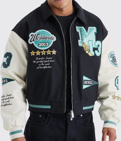 Boxy Pu & Melton Multi Badge Varsity Jacket