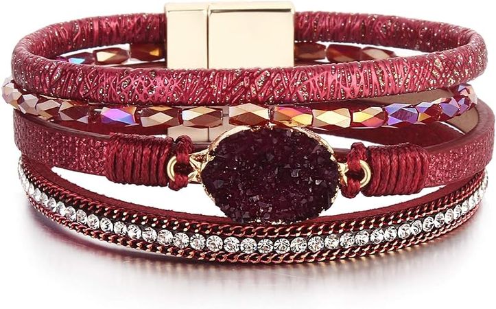 Amazon.com: FANCY SHINY Boho Leather Wrap Bracelets Bohemian Crystal Bracelets Trendy Layered Bracelet with Magnetic Clasp Stackable Jewelry for Women (7.7", Wine): Clothing, Shoes & Jewelry