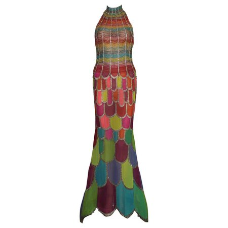 Atelier Versace Multicolor Beaded Silk Evening Mermaid Gown Dress Haute Couture For Sale at 1stDibs