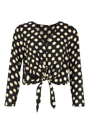 Polka Dot Long Sleeve Button Up Tie Front Top | boohoo