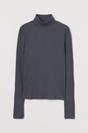 Ribbed Turtleneck Top - Gray
