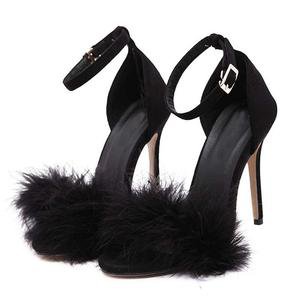 Black Suede Feather Furry Open-Toe Buckle Strap Stiletto Heel – HeelsToday