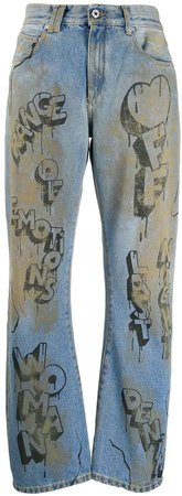 graffiti print straight leg jeans
