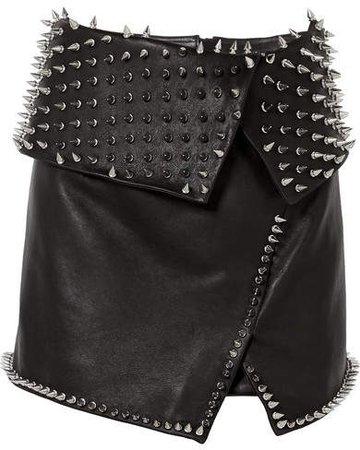 Wrap-effect Studded Leather Mini Skirt - Black