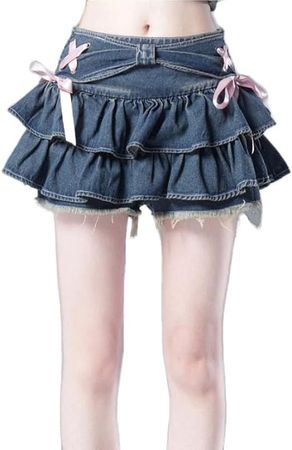 Amazon.com: Y2K Women Ruffle Hem Blue Jean Pleated Mini Skirt - Denim Bustier Top Suit (Skirt,S,Small) : Clothing, Shoes & Jewelry