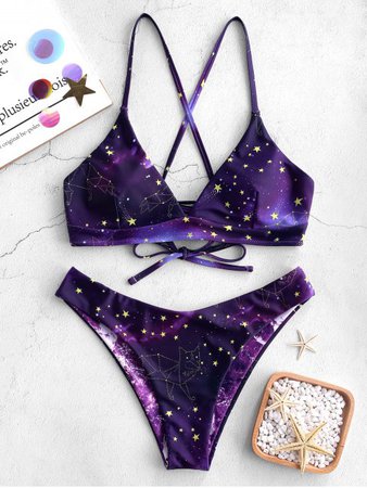 [52% OFF] 2019 ZAFUL Galaxy Print Crisscross Reversible Bikini Set In PURPLE AMETHYST | ZAFUL ..