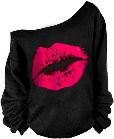 MAGICMK Women’s Short Lips Print Causal Off The Shoulder Plus Size T-Shirt Tops…(XL) at Amazon Women’s Clothing store