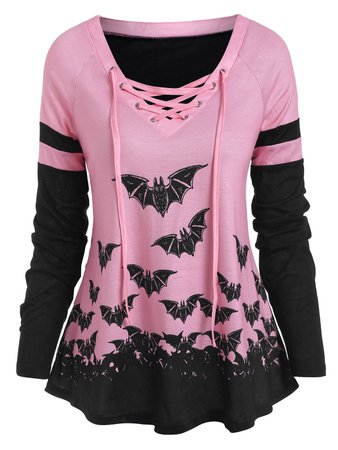 [28% OFF] 2020 Halloween Bat Print Lace Up Raglan Sleeve T-shirt In LIGHT PINK | DressLily