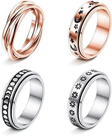 FUNRUN JEWELRY 4-6Pcs Stainless Steel Spinner Ring for Women Mens Fidget Band Rings Moon Star Celtic Stress Relieving Wide Wedding Promise Rings Set|Amazon.com