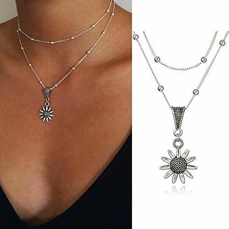 Leiothrix Choker Sunflower Necklace Silver Layered Satellite Chain Collar Pendant Jewelry Boho Decorative Accessories Jewelry for Women - Toyboxtech